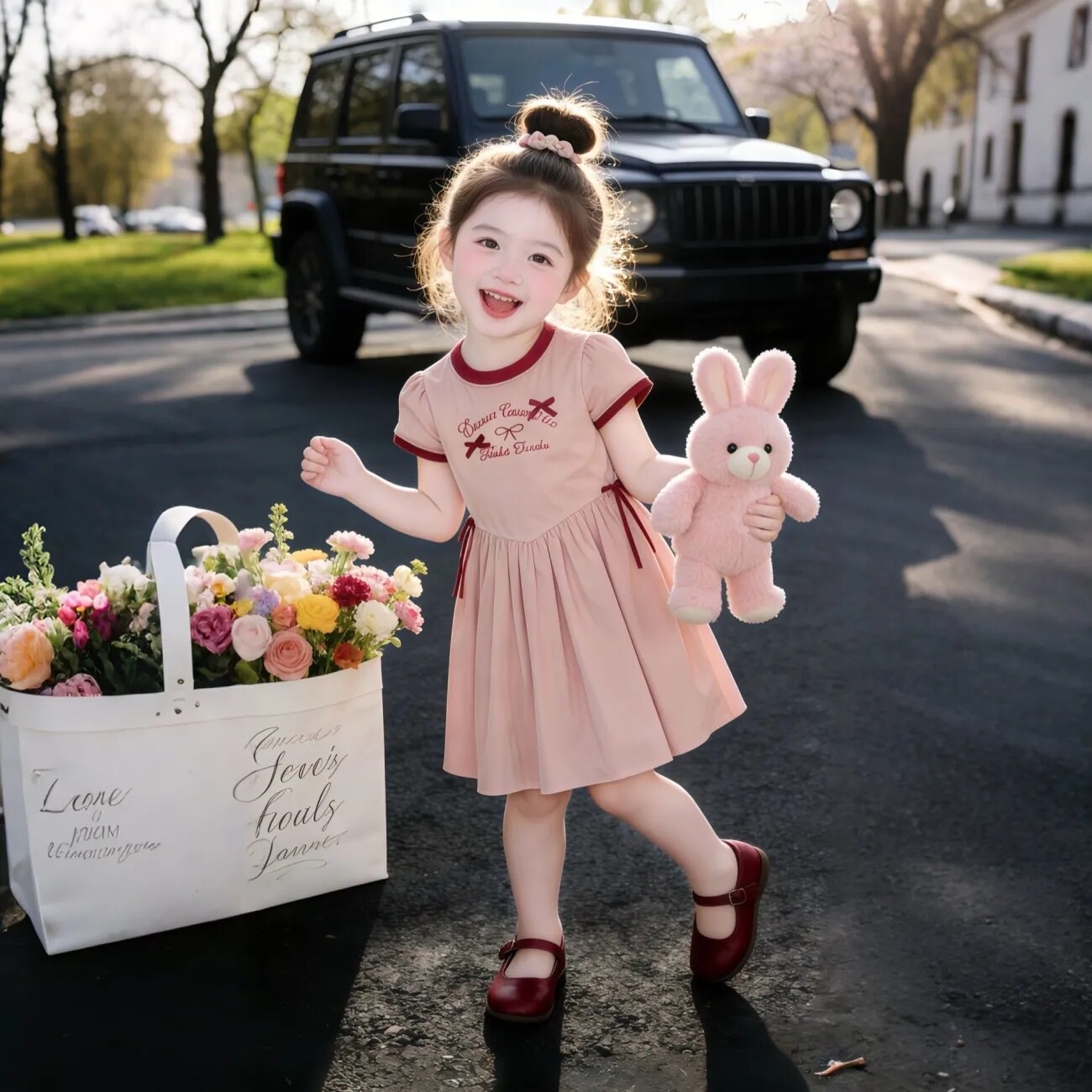女童连衣裙夏季新款中小童字母印花洋气蝴蝶结收腰甜美短袖公主裙