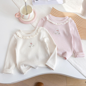 女童宝宝长袖 百搭打底衫 t恤春秋装 儿童洋气卡通刺绣花边上衣秋季