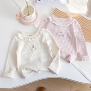 百搭打底衫 儿童洋气卡通刺绣花边上衣秋季 t恤春秋装 女童宝宝长袖