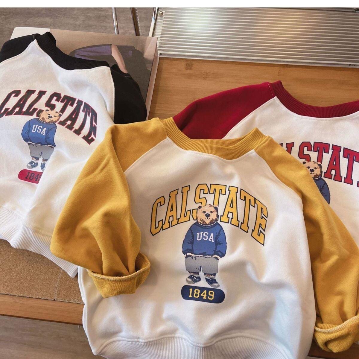 儿童长袖卫衣春秋季薄款男女童宝宝拼色卡通小熊休闲百搭圆领上衣