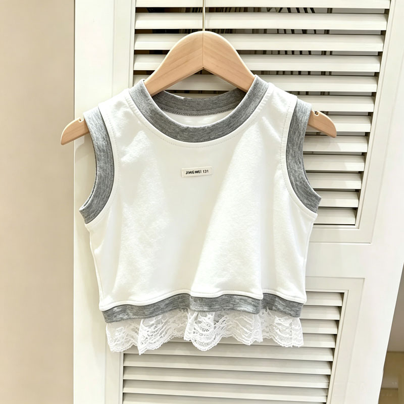 女童背心夏季花边纯棉无袖上衣服