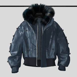 DreamBand2025AW蓝色夹克二代毛领铆钉廓形宽松潮流毛领棉服外套