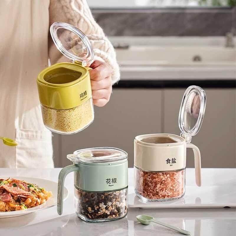 轻奢按压式玻璃调味罐厨房盐巴味精带勺翻盖调味盒,厨房/烹饪用具,料理盒,淘宝优惠券,粉丝福利购,淘宝优惠卷