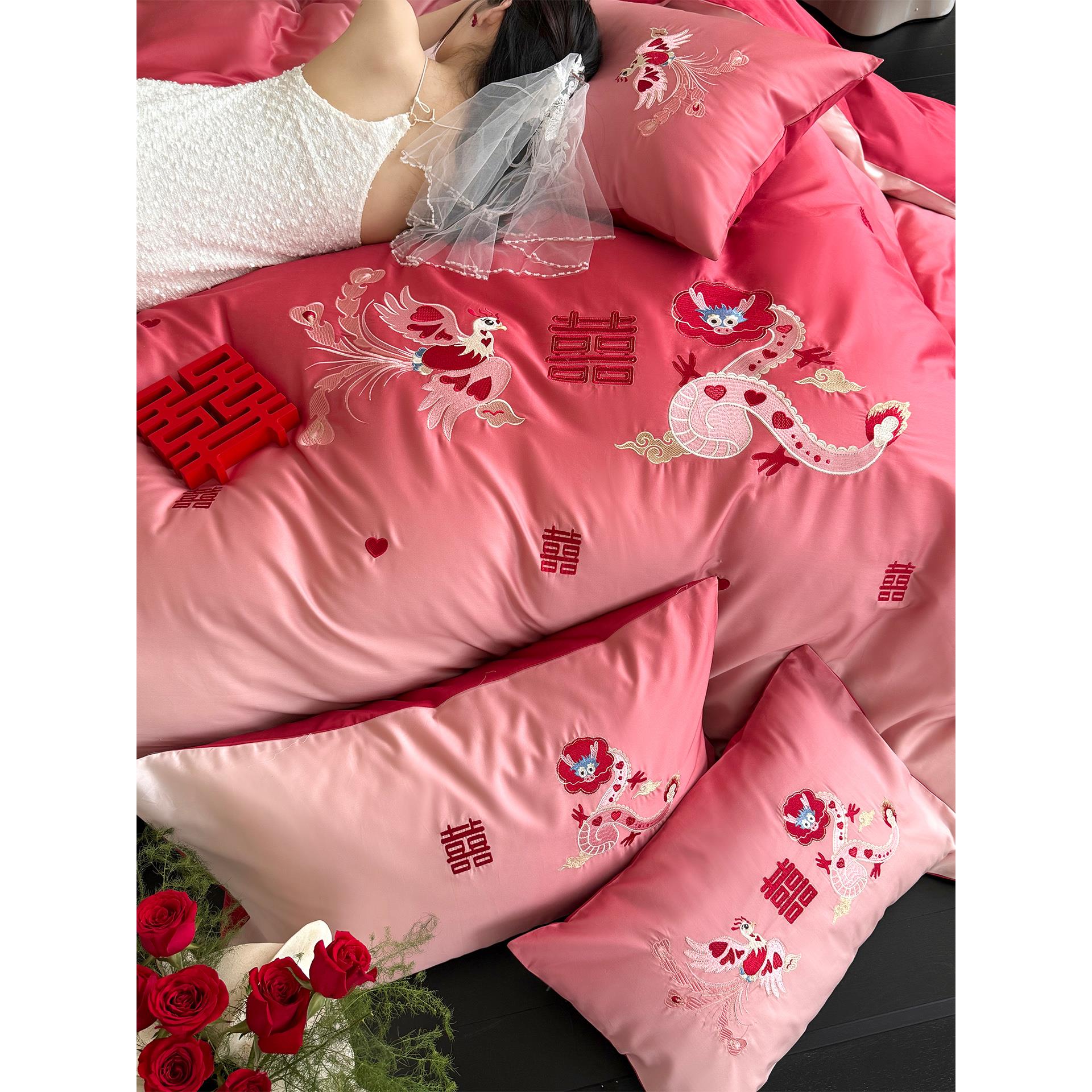 新婚卡通龙凤刺绣婚庆四件套全棉长绒棉渐变红色结婚被套床单床笠