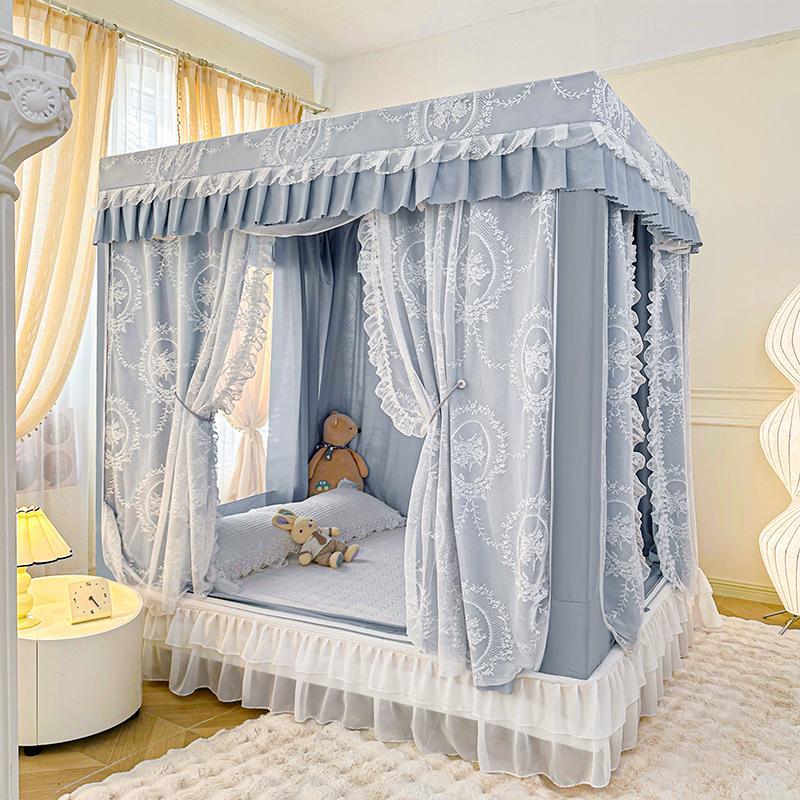 新款公主双层蕾丝床帘蚊帐儿童防摔三开门拉链帐遮光布帘加厚支架