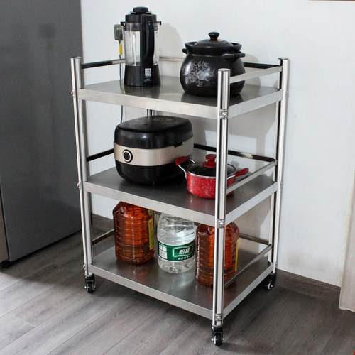 100高三层护栏带轮不锈钢厨房置物架收纳储物架微波炉架可移动