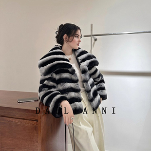 轻奢风青紫蓝龙猫纹翻领皮草外套女外套短款 环保雷克斯獭兔毛大衣