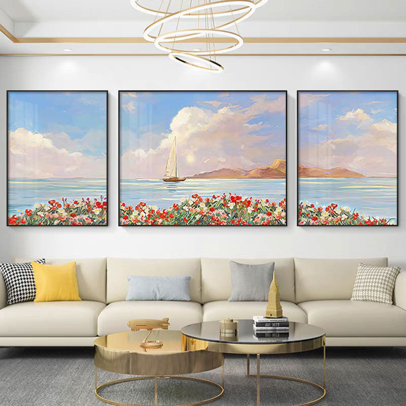 北欧奶油风客厅装饰画唯美花海沙发背景墙挂画现代简约海景三联画