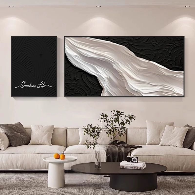 黑白客厅装饰画简约现代高级沙发背景墙挂画抽象平面大气双联壁画图片