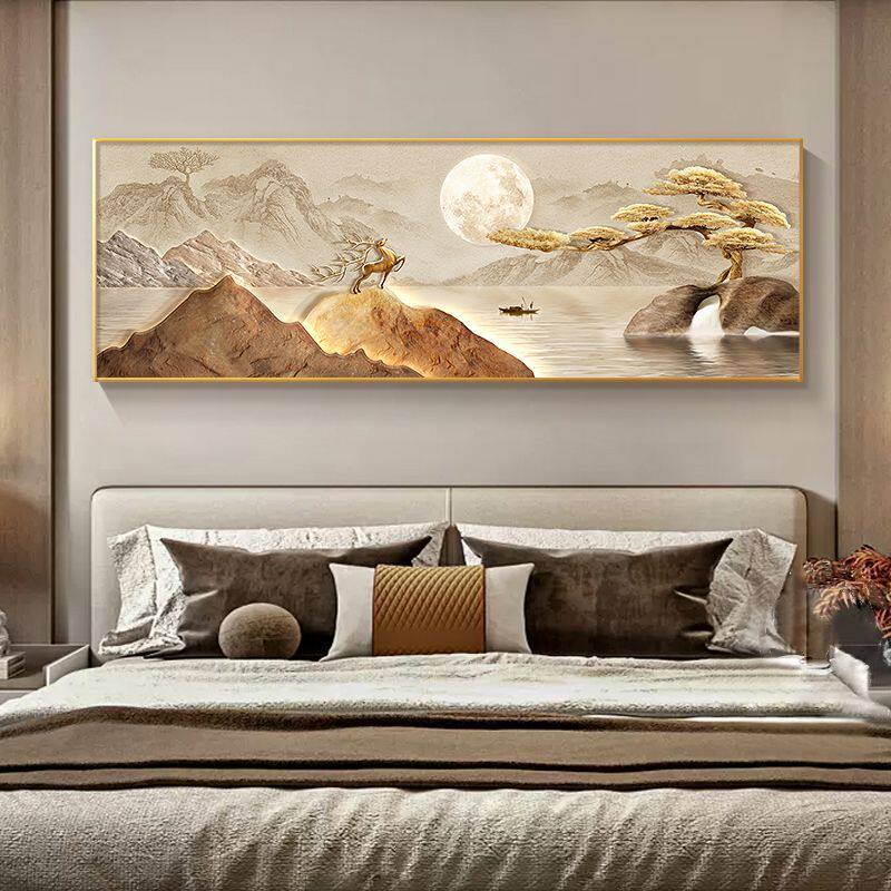 轻奢福鹿卧室床头横版挂画新中式客厅装饰画沙发背景墙壁画山水画