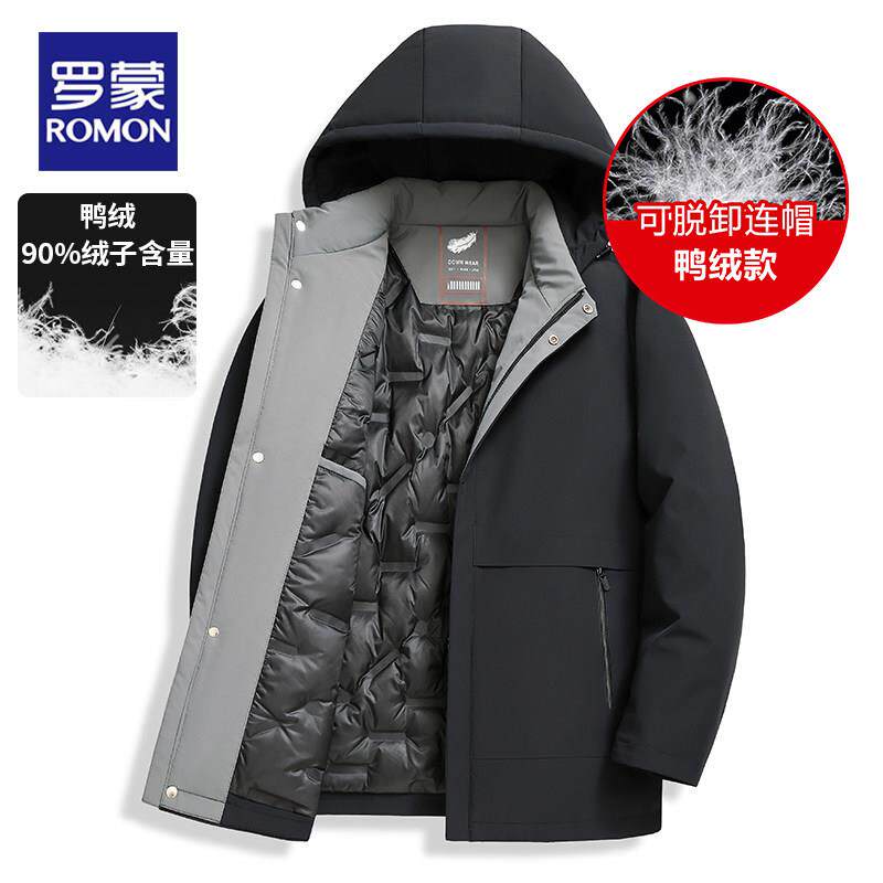 罗蒙牛奶丝冬季鹅绒羽绒服男加绒加厚可拆卸内胆中年爸爸新款外套