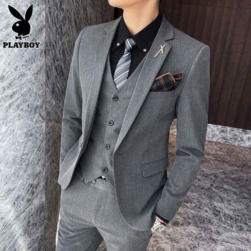 花花公子休闲西服套装男士商务正装礼服三件套春秋季主持人西装男