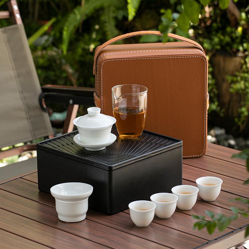 德化白瓷功夫旅行露营旅游茶具茶盘套装家用盖碗泡茶杯储水盘陶瓷