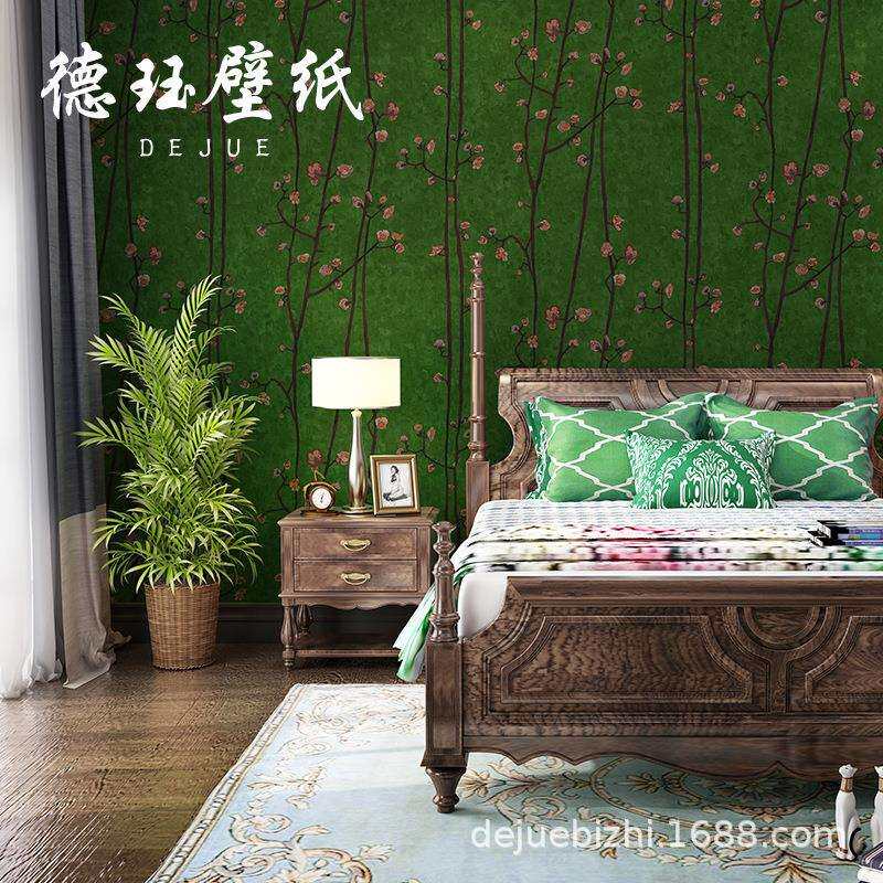 美式乡村复古绿色田园碎花墙纸红色法式客厅卧室电视背景壁纸家用