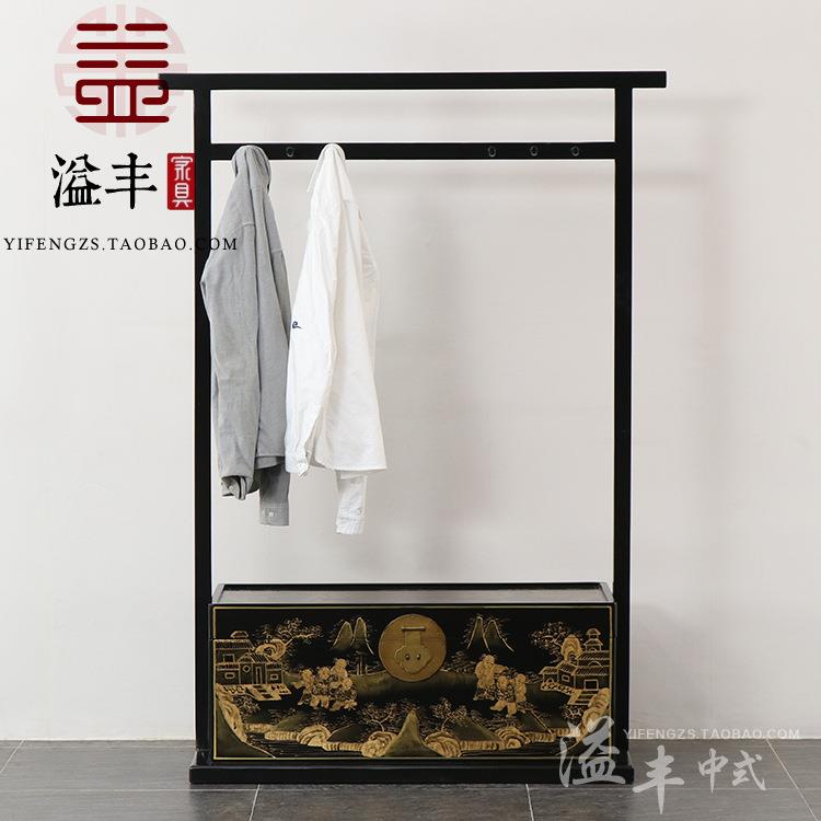 明清古典实木彩绘描金衣帽架落地卧室多功能新中式百子图复古衣架