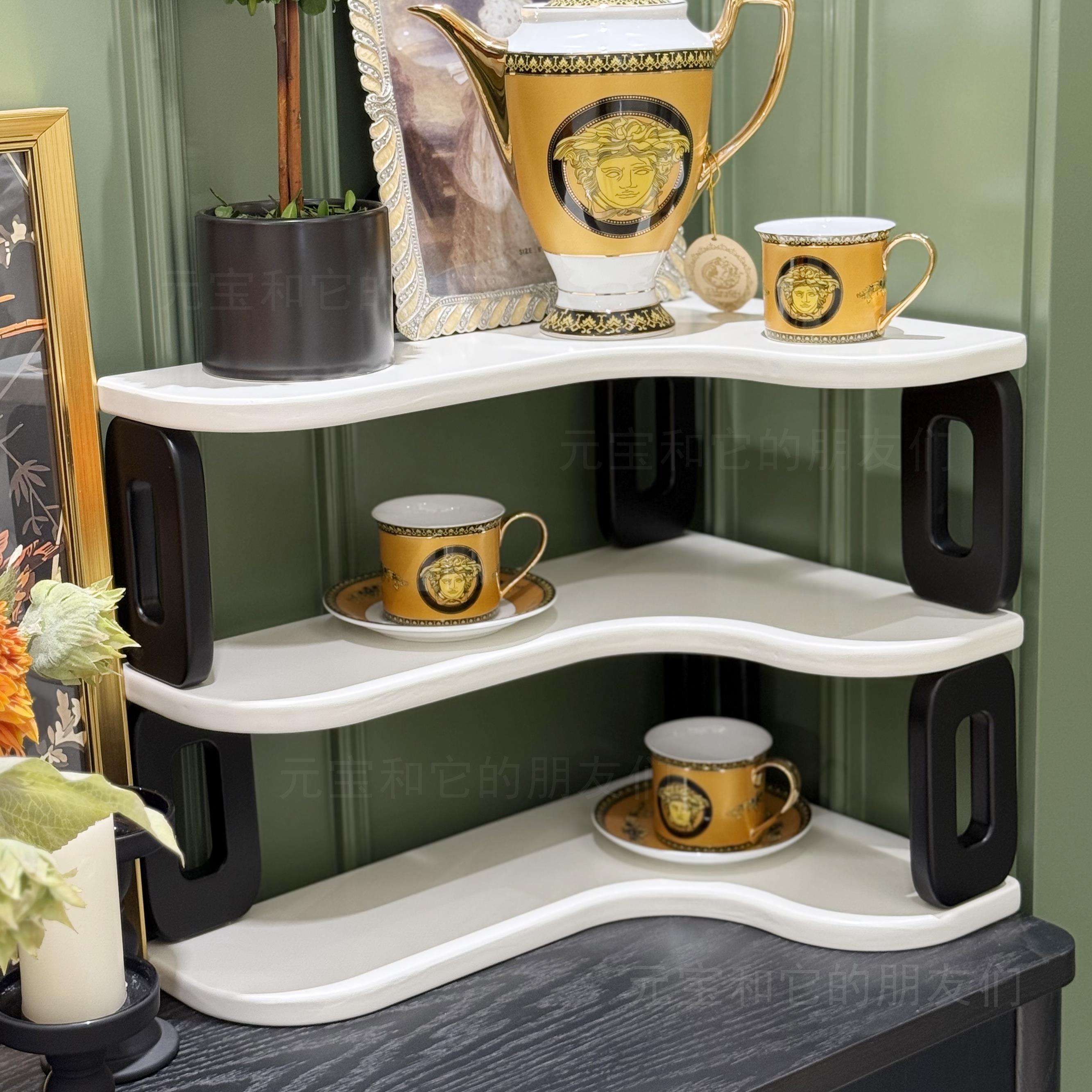 实木桌面水杯置物架黑色咖啡杯茶杯收纳层架转角置物架餐柜置物架