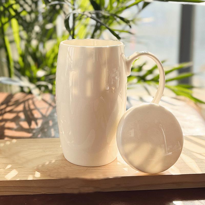 2025新纯白大容量骨瓷杯定制logo创意刻字陶瓷杯子带盖子马克杯水