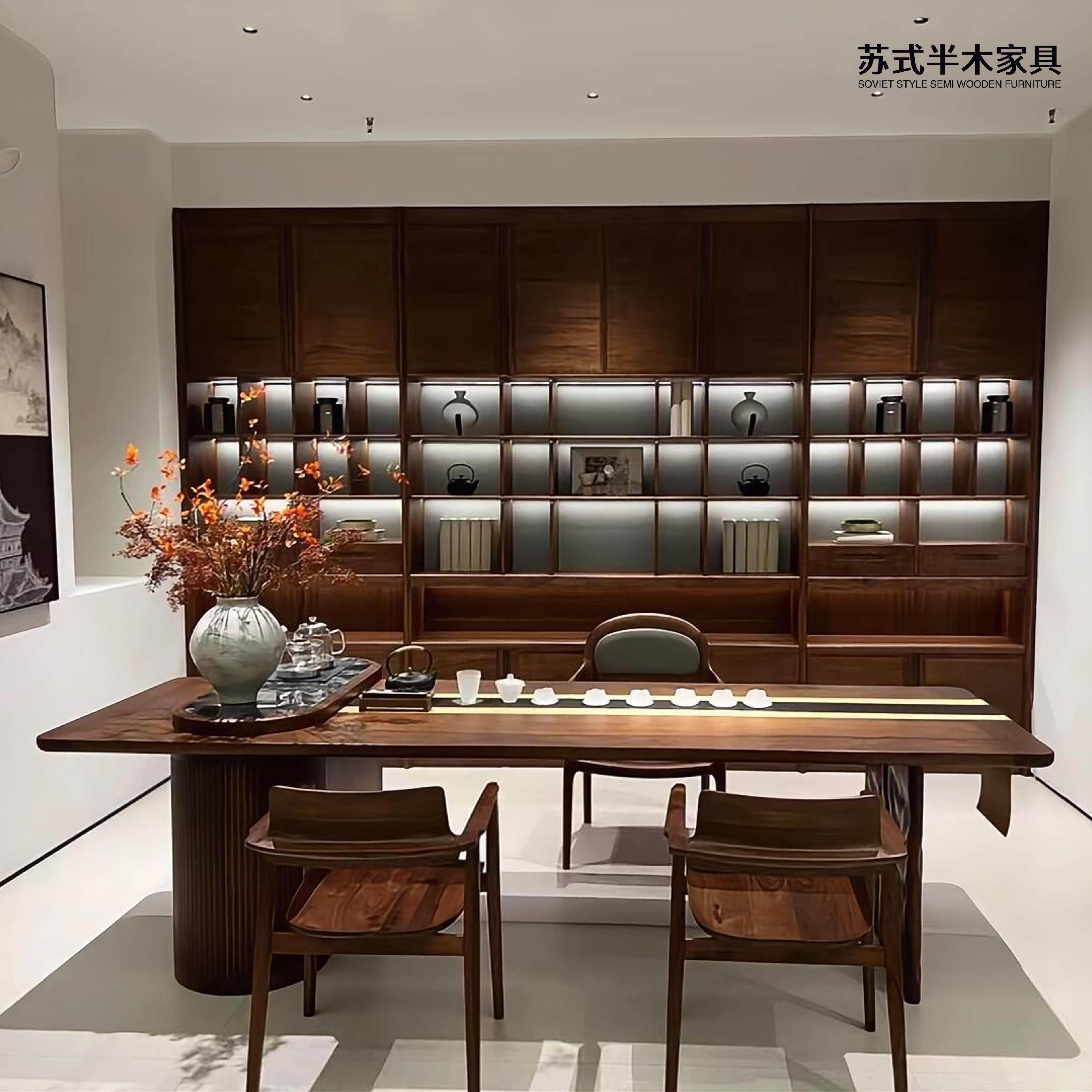 北美黑胡桃木茶桌椅组合别墅茶室茶台现代简约高档办公家用泡茶台