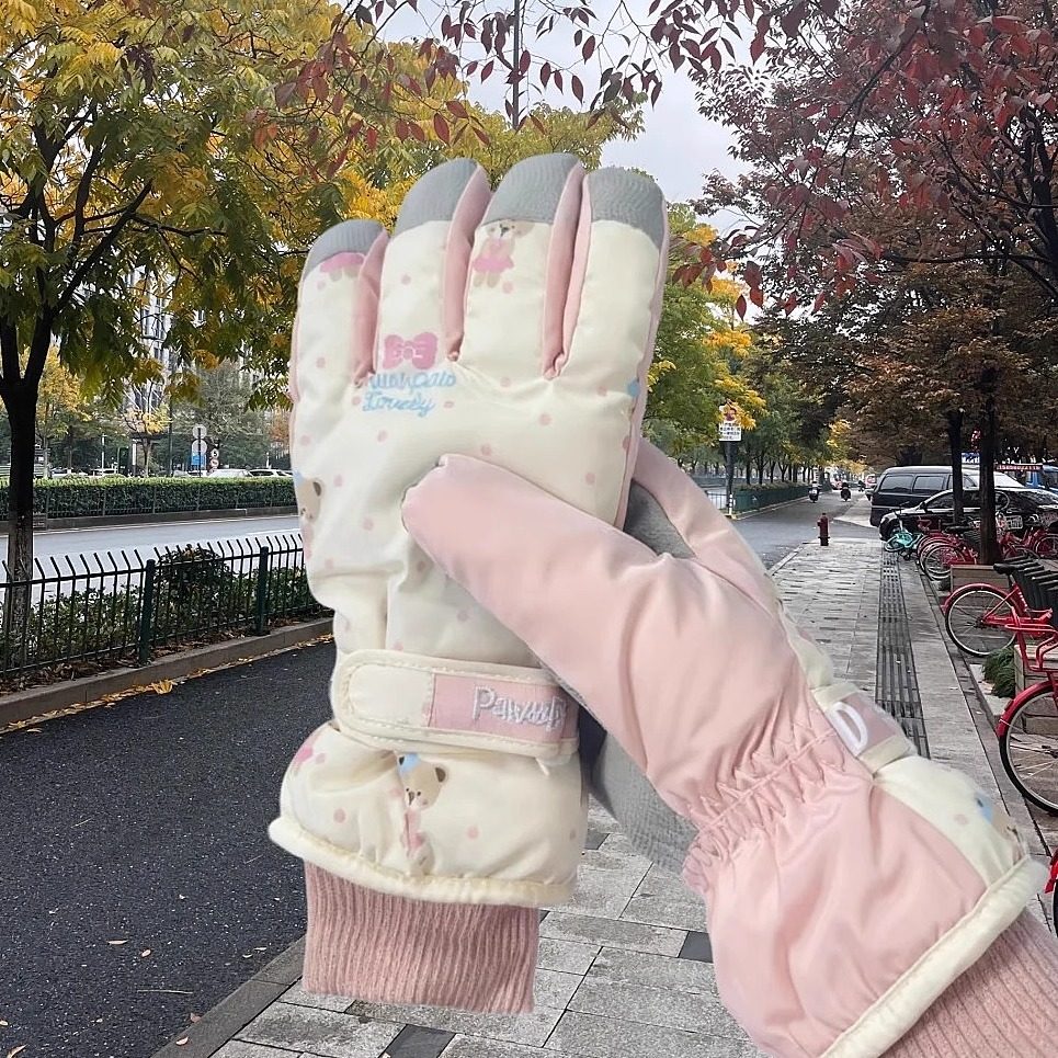 棉手套电动车加绒加厚保暖冬季骑车手套女款保暖手套韩版小熊防寒