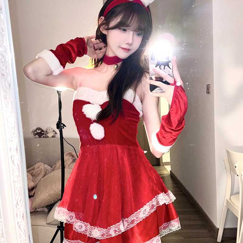 圣诞派对纯欲红丝绒主播兔女郎抹胸连衣裙公司活动夜店酒吧演出服