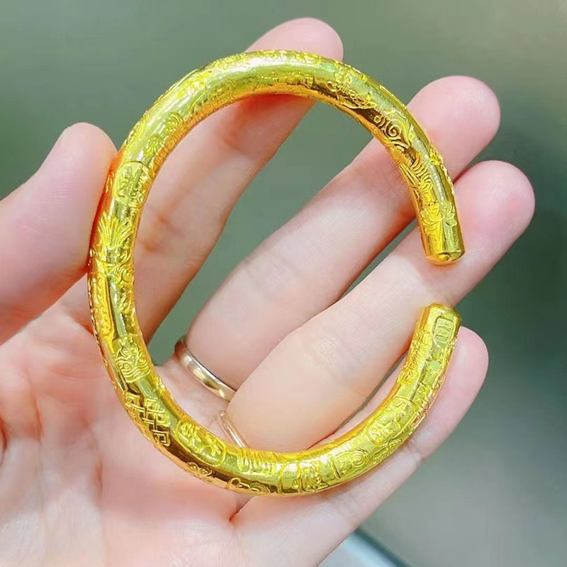 足金999古法黄金吉言金手镯手工錾刻椭圆四方开口金镯子男女定制