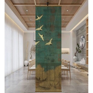 半透明瑞鹤图双面透景屏风纱中式卷帘隔断帘挂帘窗帘透光纱帘