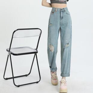 膝盖破洞哈伦牛仔裤女夏季薄款高腰显瘦宽松小个子九分萝卜老爹裤