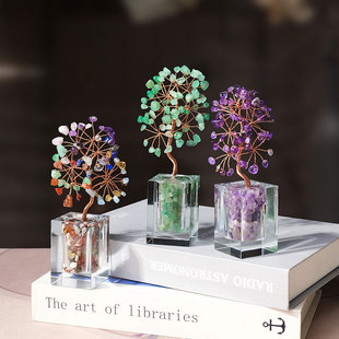 天然水晶树招财树家居客厅玄关办公桌面手工编织黄水晶摇钱树摆件