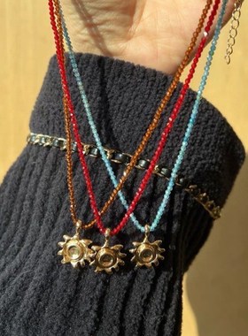 新中式天然虎睛石金色太阳吊坠项链女小众美拉德风水晶串珠锁骨链