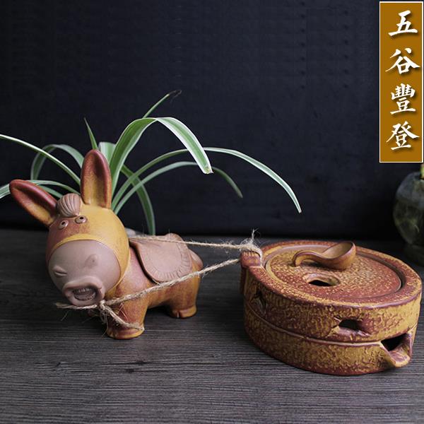 新品手工陶瓷摆件五谷丰登驴拉磨风趣家居客厅创意摆件彩砂香薰炉