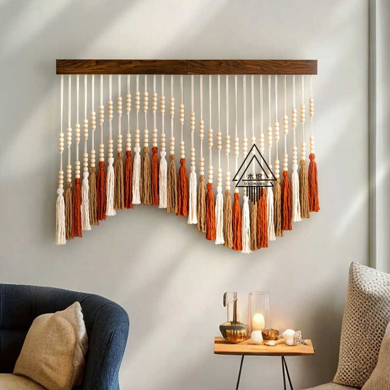 【卷珠帘】北欧简约木珠流苏纤维艺术挂毯卧室床头壁挂饰客厅装饰