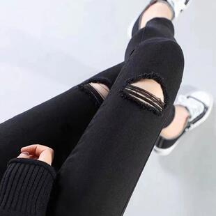 小个子薄款八分破洞打底裤女外穿春秋九分紧身仿牛仔铅笔小黑裤子