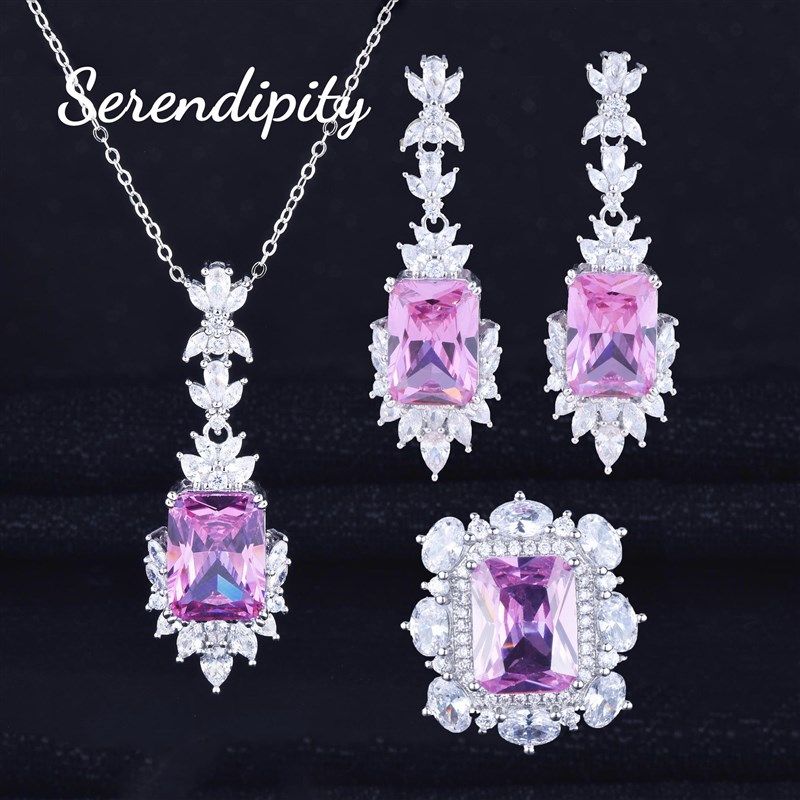 新款奢华彩宝套装 镶嵌公主方钻阿盖尔粉戒指粉钻耳针吊坠项链女