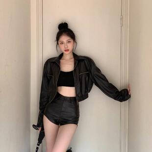 复古气质套装黑色短款机车皮衣外套女秋季a字包臀短裤皮裤两件套
