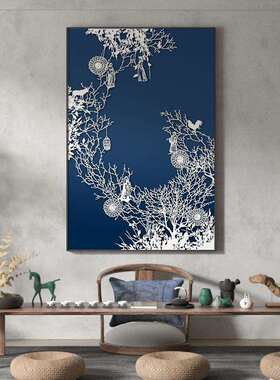 新中式蓝色花鸟抽象装饰画客厅玄关背景墙壁现代茶室大幅竖版挂画