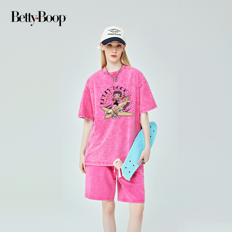 BETTY BOOP贝蒂飞机印花水洗复古运动套装女夏新款T恤短裤两件套