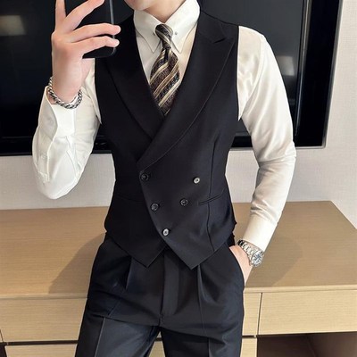 戗驳领西装双排扣马甲q套装男英伦风伴郎高级结婚西服收腰翻领马
