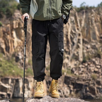 美式复古黑色工装裤男款2025新款户外潮牌宽松直筒束脚休闲长裤子