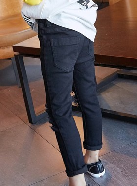 男童破洞a牛仔裤子儿童黑色街舞长裤弹力紧身小脚裤春装2024韩版