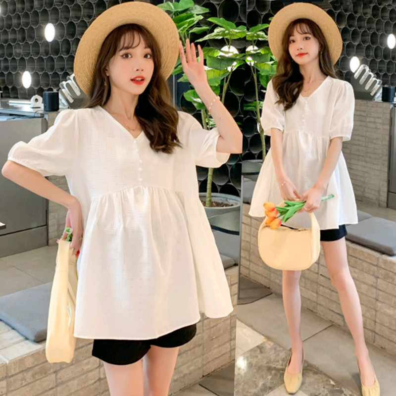 孕妇上衣夏装时尚v领娃娃衫遮肚子套装夏款宽松短裤子夏季两件套