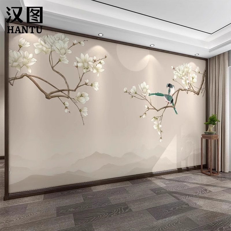 花鸟墙纸高档18d新中式墙布客厅卧室沙发电视背景墙壁纸装饰壁布