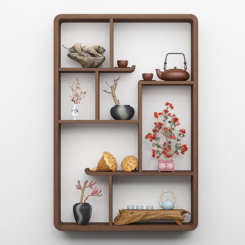 博古架实木中式壁挂墙上茶具置物架摆件现代简约茶室茶壶小多宝阁