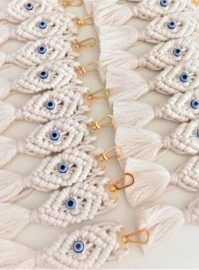 土耳其蓝眼睛白色棉线钥匙扣恶魔之眼车挂Evil Eye手工包包挂件