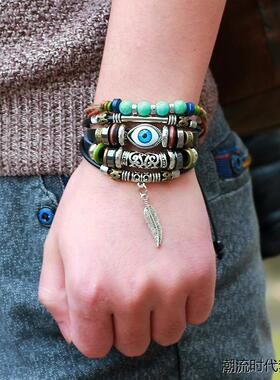 恶魔之眼串珠牛皮手链民