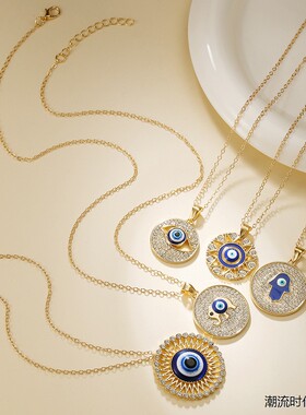 复古蓝眼睛项链Evil Eye嘻哈个性吊坠恶魔之眼锁骨链合金水钻饰品