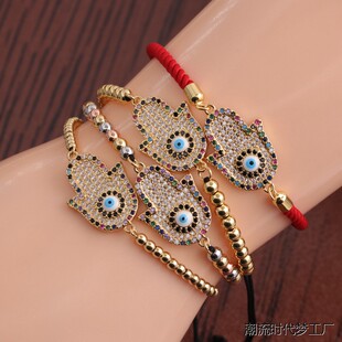 法蒂玛之手金色手链Evil Eye微镶锆石恶魔之眼手掌串珠蓝眼睛手环