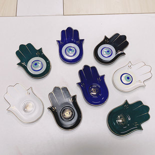 Hamsa法蒂玛之手陶瓷碟托盘 恶魔之眼evil eye描金首饰盘摆件杯垫