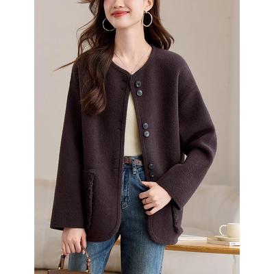 羊毛女士圆领毛呢外套女款春秋季2025新款今年流行爆款小香风开衫