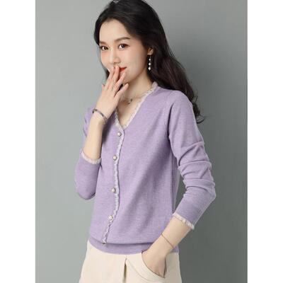 春装紫色毛衣女v领2025春季新款打底小衫春秋款洋气蕾丝针织上衣