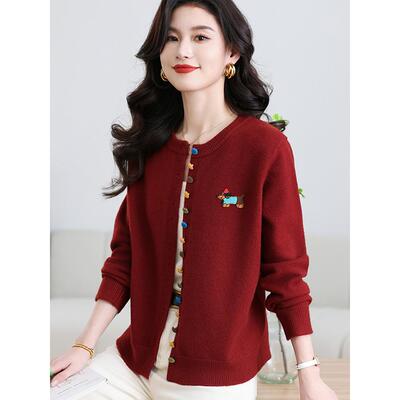 2025新款圆领彩色纽扣刺绣减龄浣熊针织开衫毛衣外套女秋冬新款